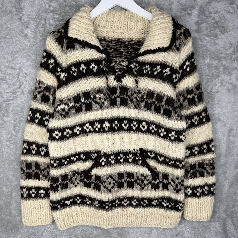 Vtg 70s Cowichan Sweater Womens Small Brown Beige Americana Front Tie Wool Heavy